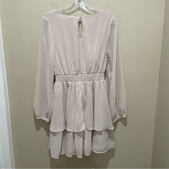 Japna Long Sleeve Georgette Neutral Animal Print Tiered Mini Dress Womens Large - Picture 6 of 6